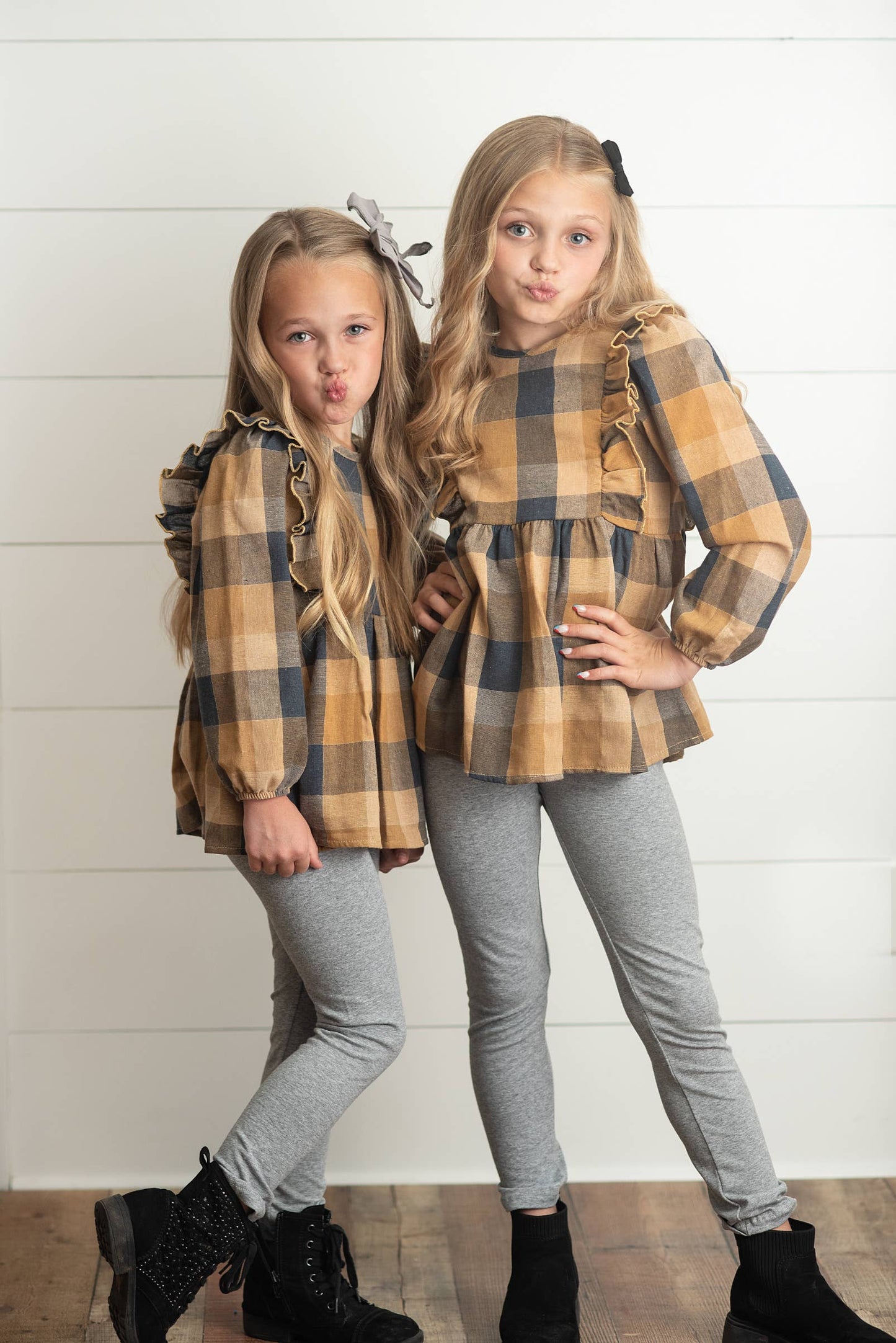 Kids Mustard Gray Plaid Ruffle Button Fall Winter Set