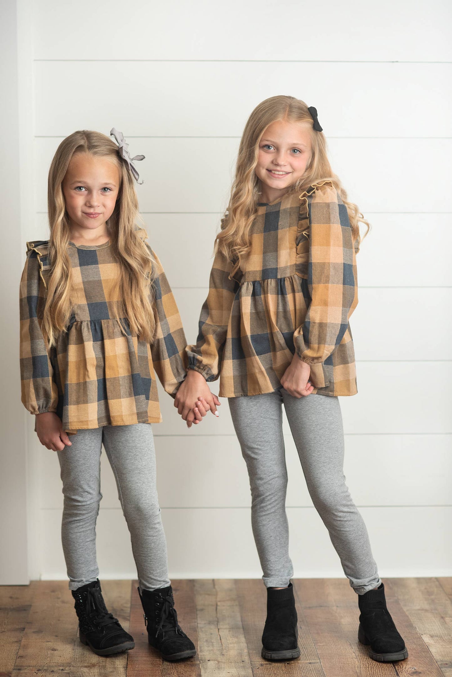 Kids Mustard Gray Plaid Ruffle Button Fall Winter Set