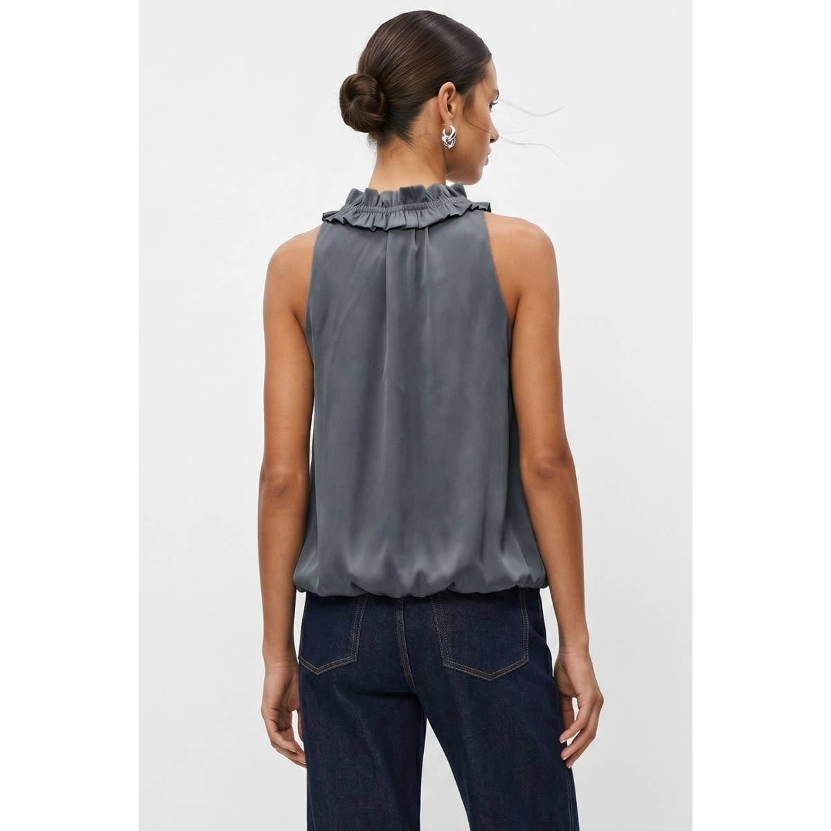 Satin Ruffle Collar Keyhole Top