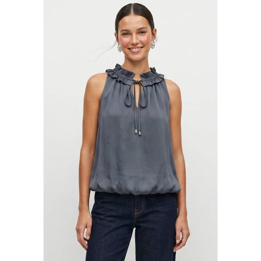 Satin Ruffle Collar Keyhole Top