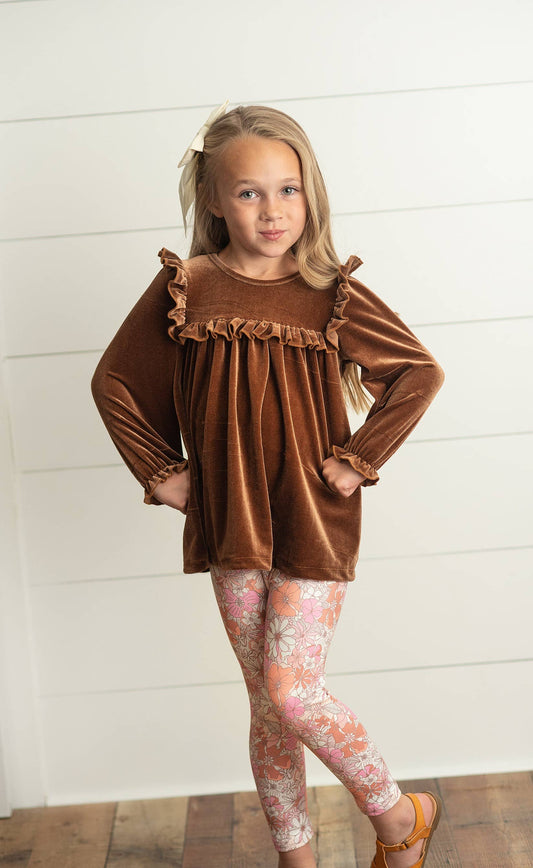 Kids Chocolate Velvet Ruffle Top & Vintage Floral Fall Set