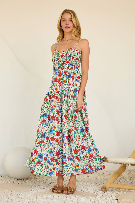 Floral Print Maxi Dress with Smocked Bust