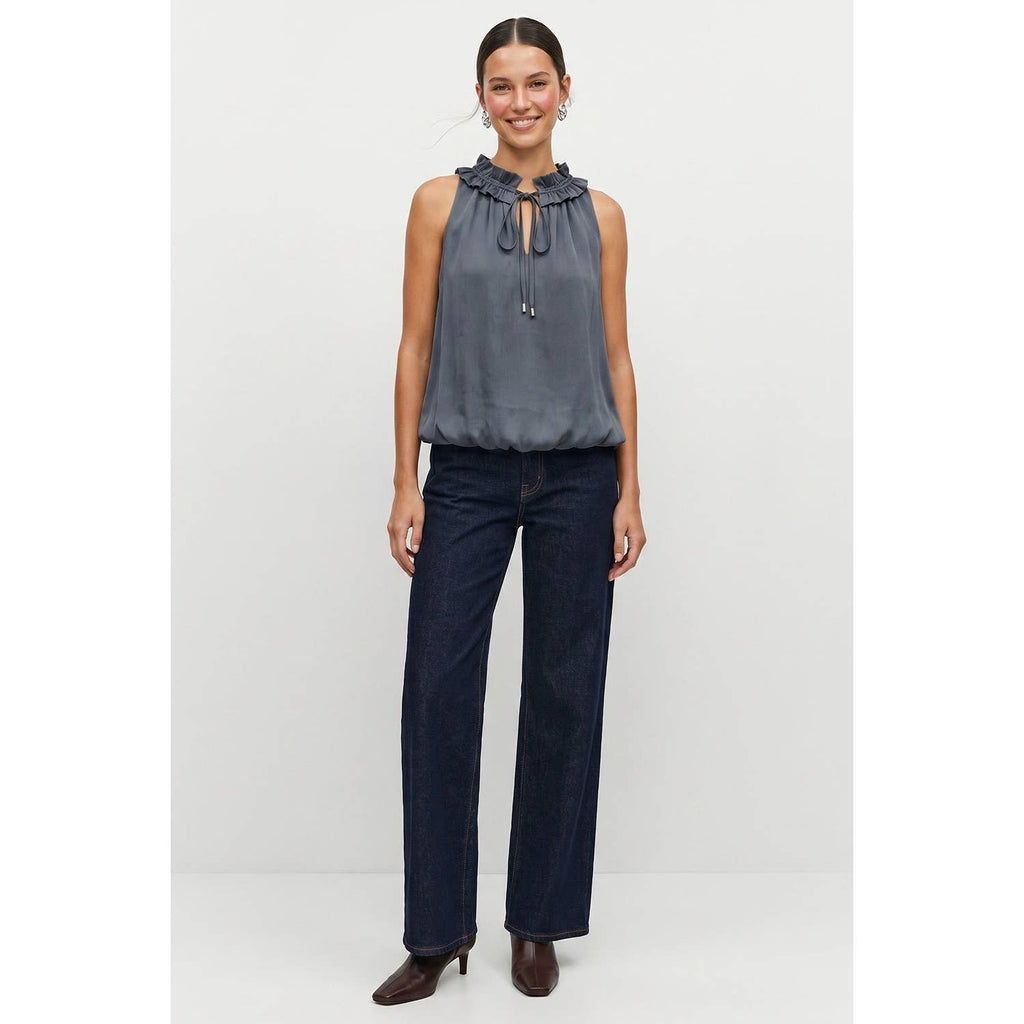 Satin Ruffle Collar Keyhole Top