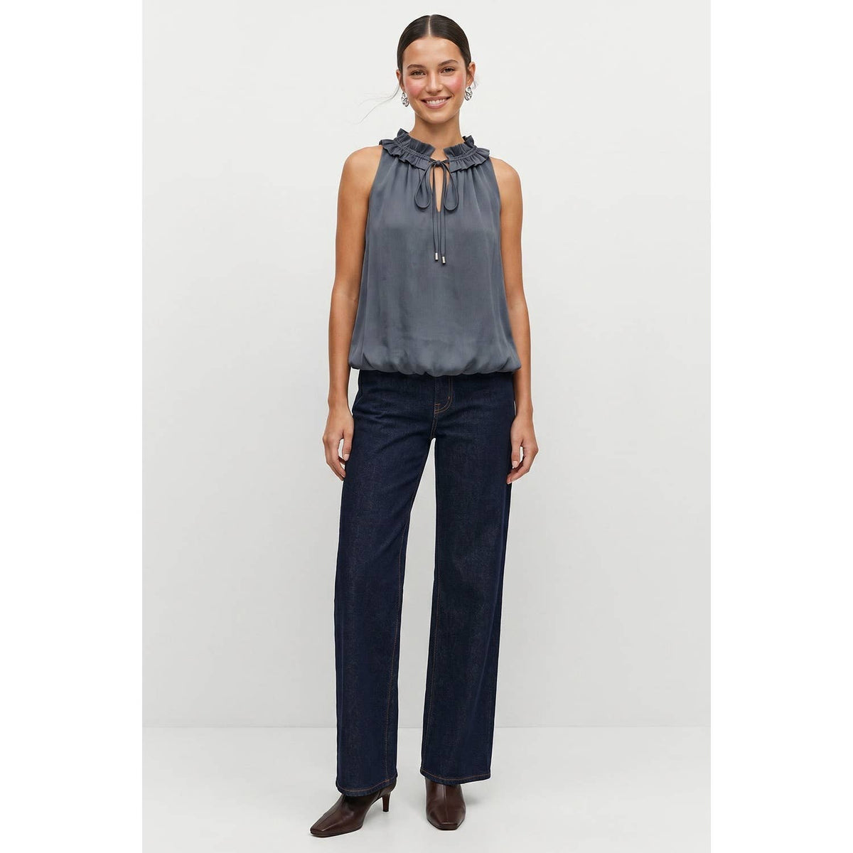 Satin Ruffle Collar Keyhole Top