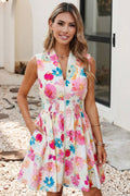 Floral Neck Zip Up Smocked Mini Dress