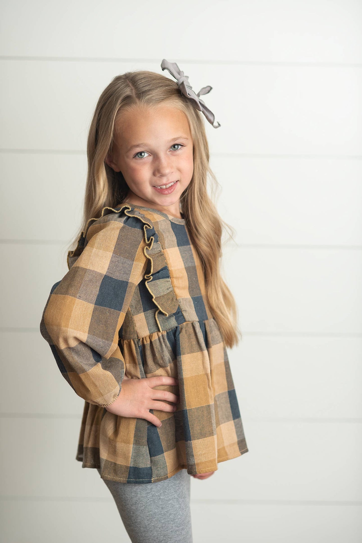 Kids Mustard Gray Plaid Ruffle Button Fall Winter Set