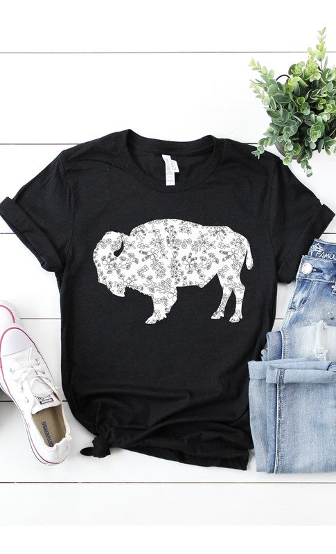 Floral Buffalo Graphic Tee in Red, Black, Royal Blue, and Heather Berry
