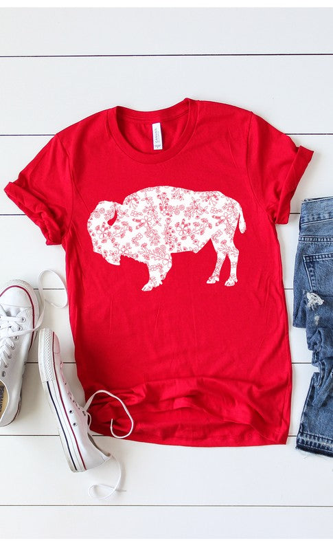 Floral Buffalo Graphic Tee in Red, Black, Royal Blue, and Heather Berry