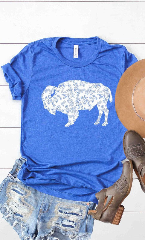 Floral Buffalo Graphic Tee in Red, Black, Royal Blue, and Heather Berry