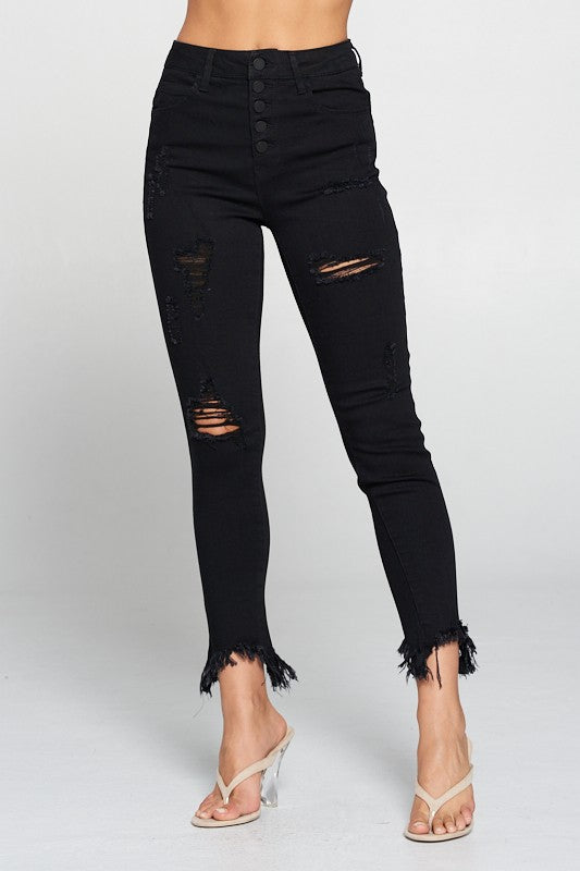 High Rise Destructed Skinnies - Black