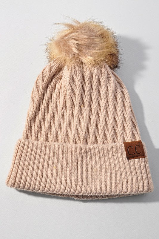 HONEY COMB PATTERN BEANIE WITH POM HAT