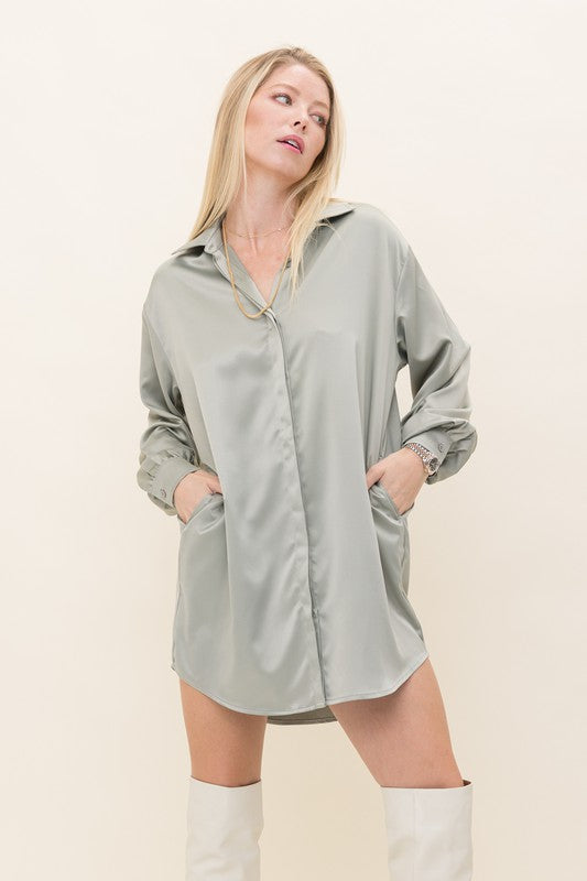 Sammie Satin Shirt Dress in Champagne & Sage