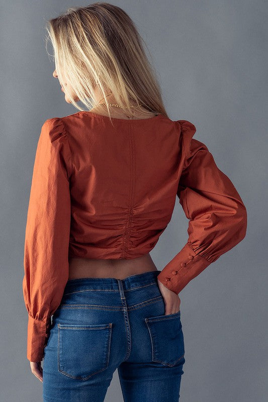 Rhonda Ruched Crop Blouse in Rust & Taupe