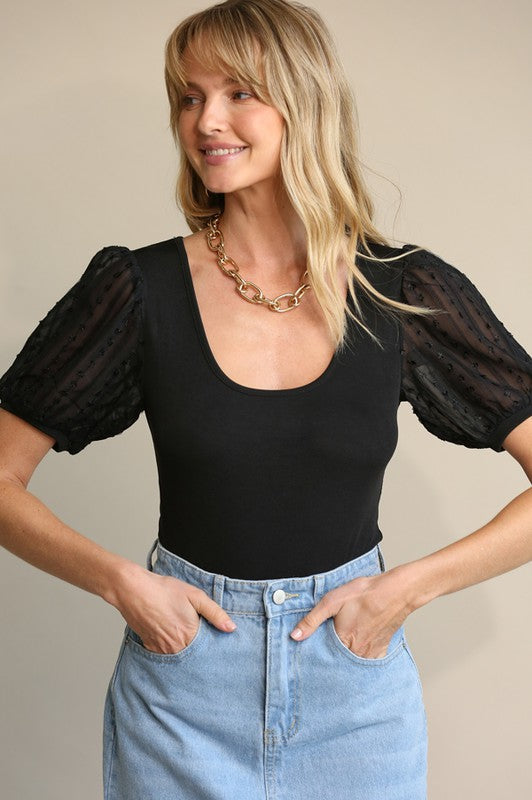 Oh Darling Solid/Textured Sheer Puff Sleeve Top with Scoop Neck in Black/Dusty Pink