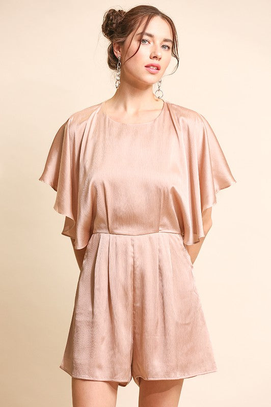 Elegant Satin Flutter Sleeve and Open Back Romper in Rose Gold or Black