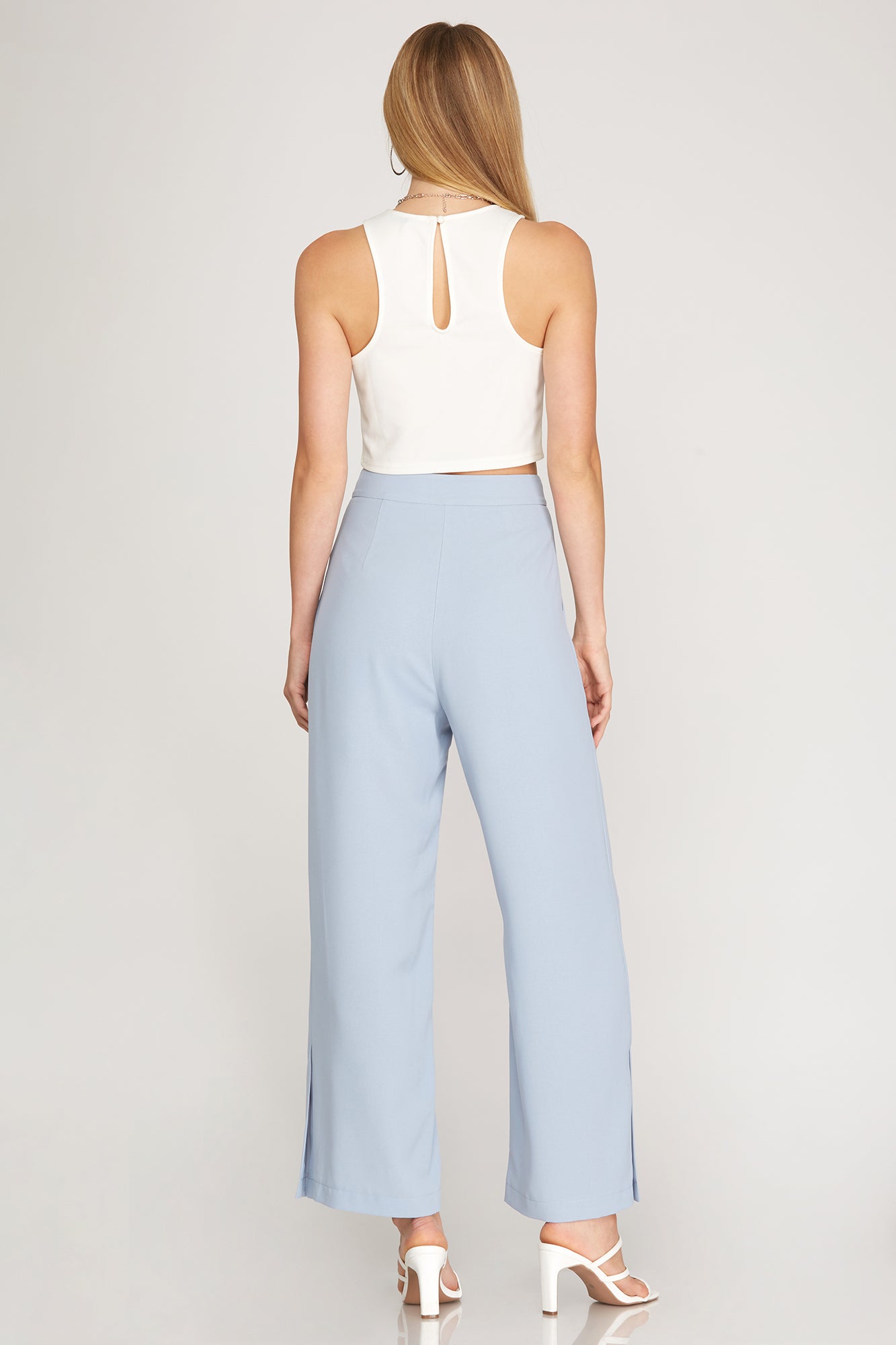 Stephie Side Slit Pants in Misty Blue and Taupe