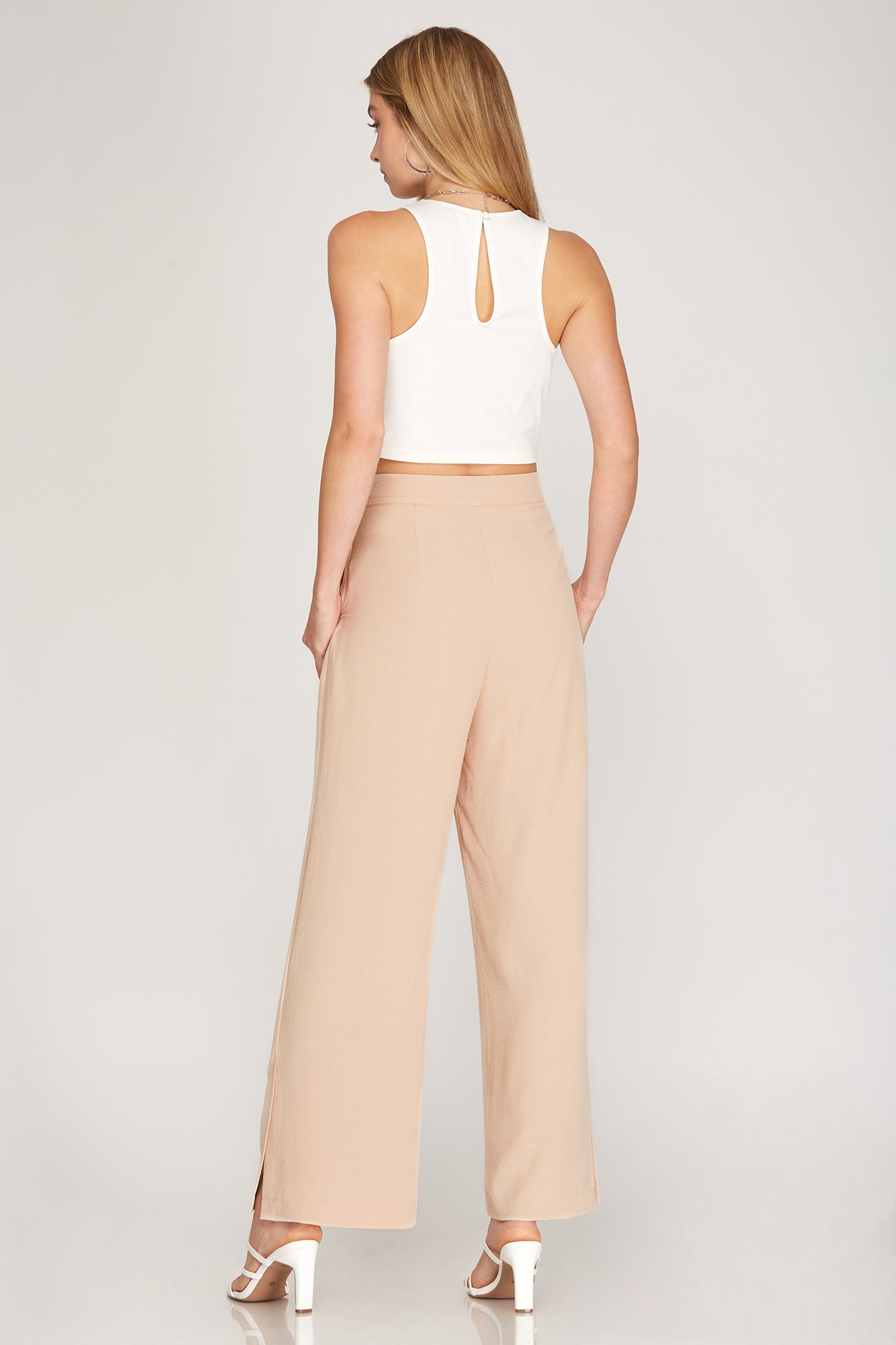 Stephie Side Slit Pants in Misty Blue and Taupe