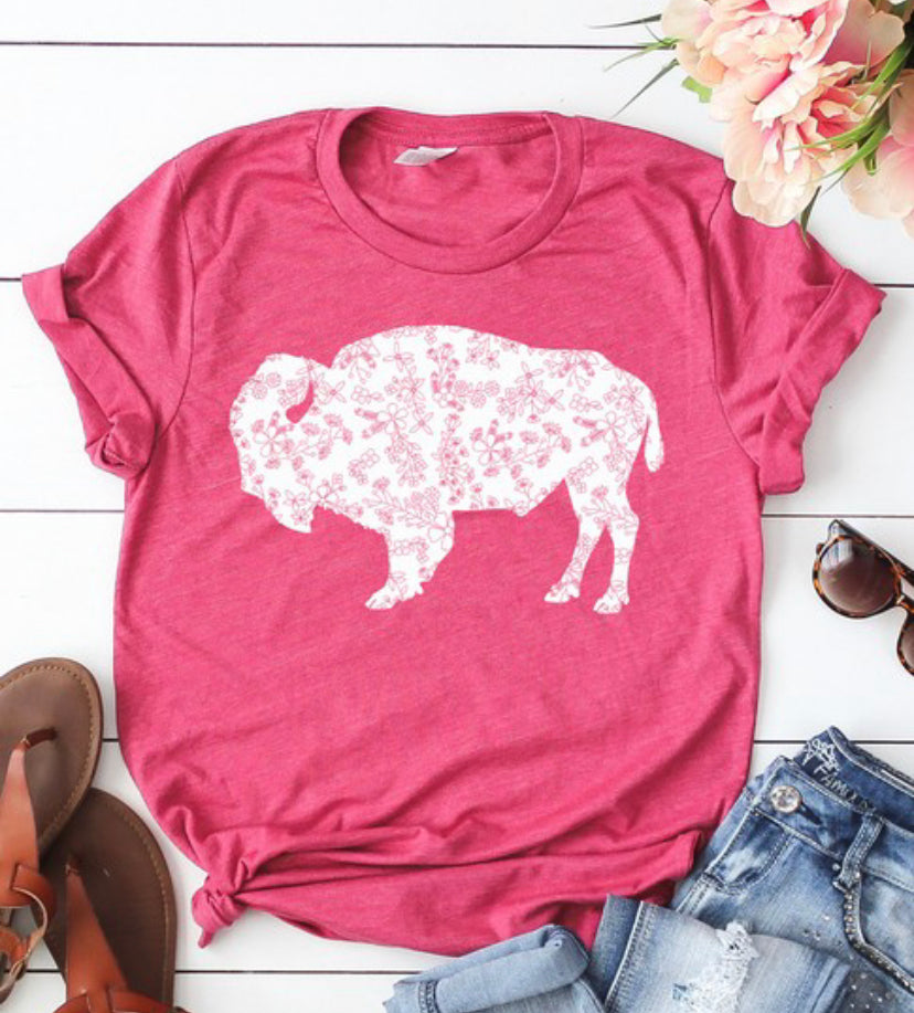 Floral Buffalo Graphic Tee in Red, Black, Royal Blue, and Heather Berry