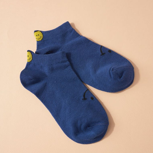 Smiley Face Ankle Sneaker Socks in Blue, Beige and Black