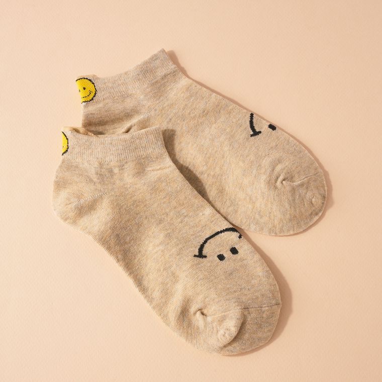 Smiley Face Ankle Sneaker Socks in Blue, Beige and Black