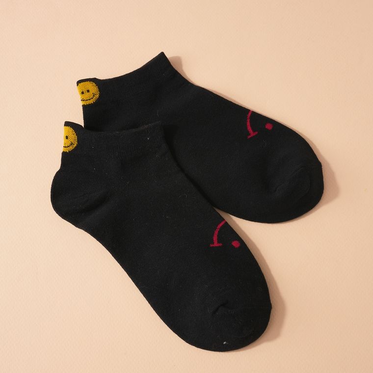 Smiley Face Ankle Sneaker Socks in Blue, Beige and Black